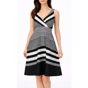 Frock Shop Women's Black White V-Neck‎ Sleeveless Striped Wrap Midi Dress Size M